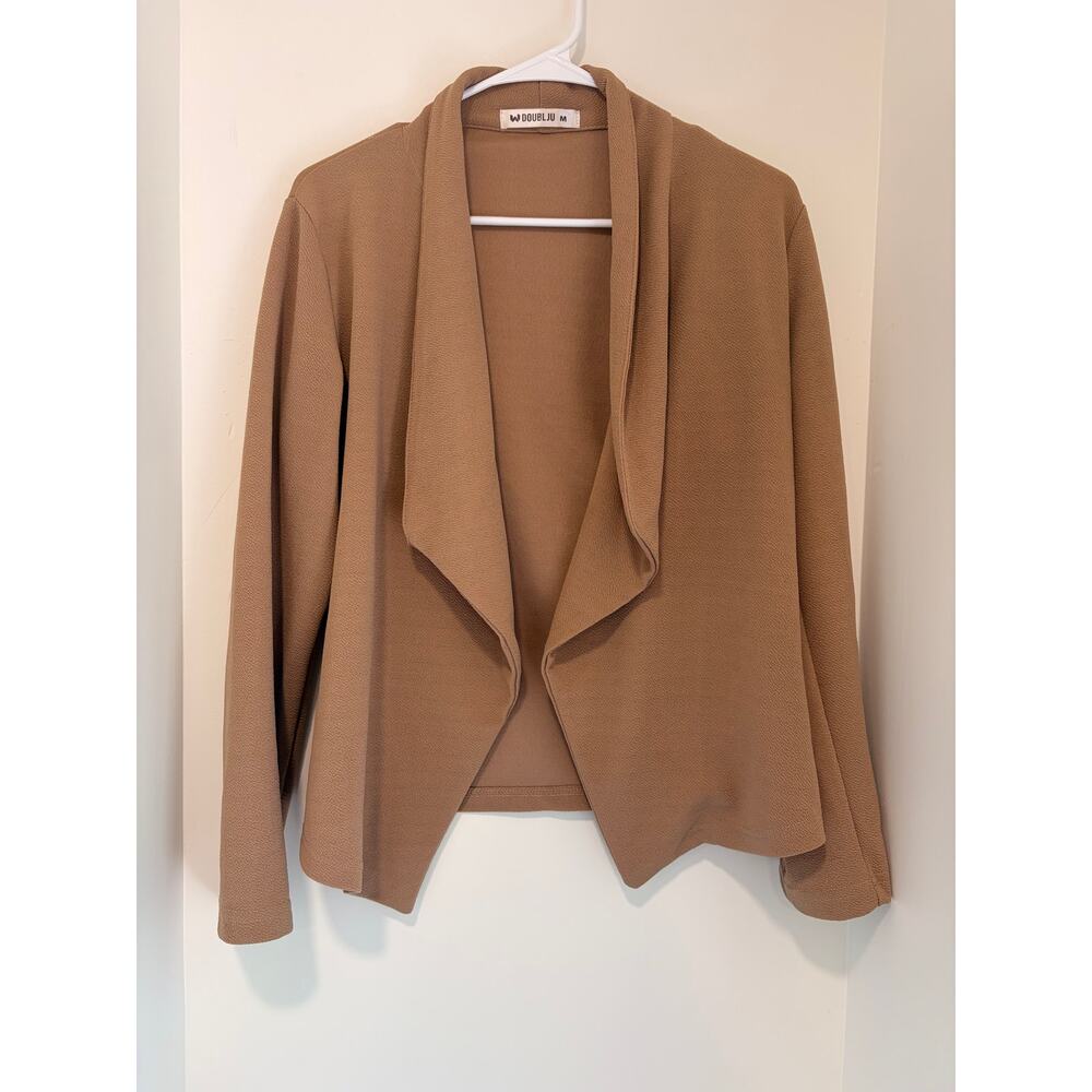 DoubLJU Taupe Draped Open Front Blazer Cardigan Lightweight M - Picture 2 of 7